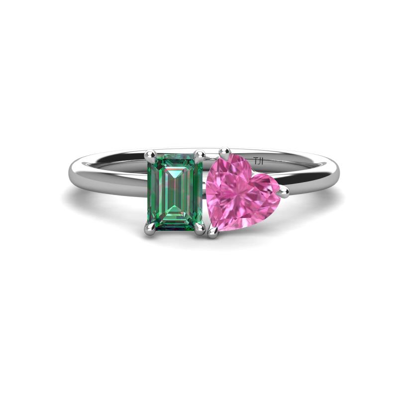 Esther Emerald & Heart Shape Created Alexandrite & Created Pink Sapphire 2 Stone Duo Ring 