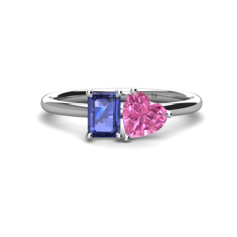 Esther Emerald Shape Iolite & Heart Shape Lab Created Pink Sapphire 2 Stone Duo Ring 