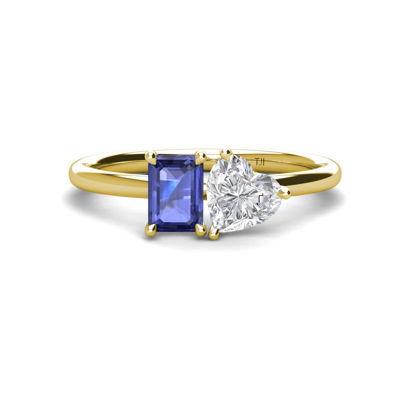 Esther Emerald Shape Iolite & Heart Shape Lab Created White Sapphire 2 Stone Duo Ring 