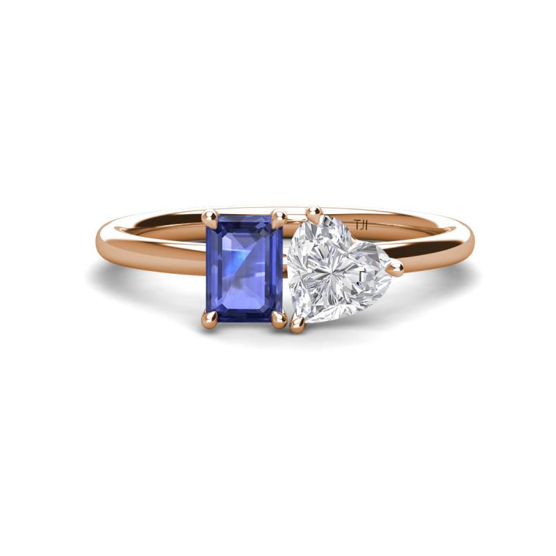 Esther Emerald Shape Iolite & Heart Shape Lab Created White Sapphire 2 Stone Duo Ring 