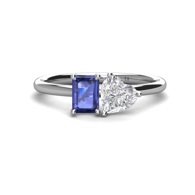 Esther Emerald Shape Iolite & Heart Shape Lab Created White Sapphire 2 Stone Duo Ring 
