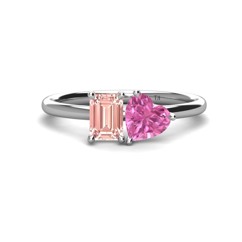 Esther Emerald Shape Morganite & Heart Shape Lab Created Pink Sapphire 2 Stone Duo Ring 