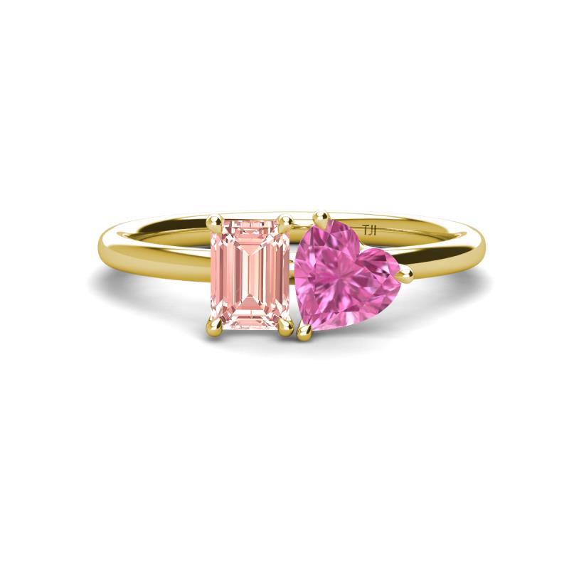 Esther Emerald Shape Morganite & Heart Shape Lab Created Pink Sapphire 2 Stone Duo Ring 