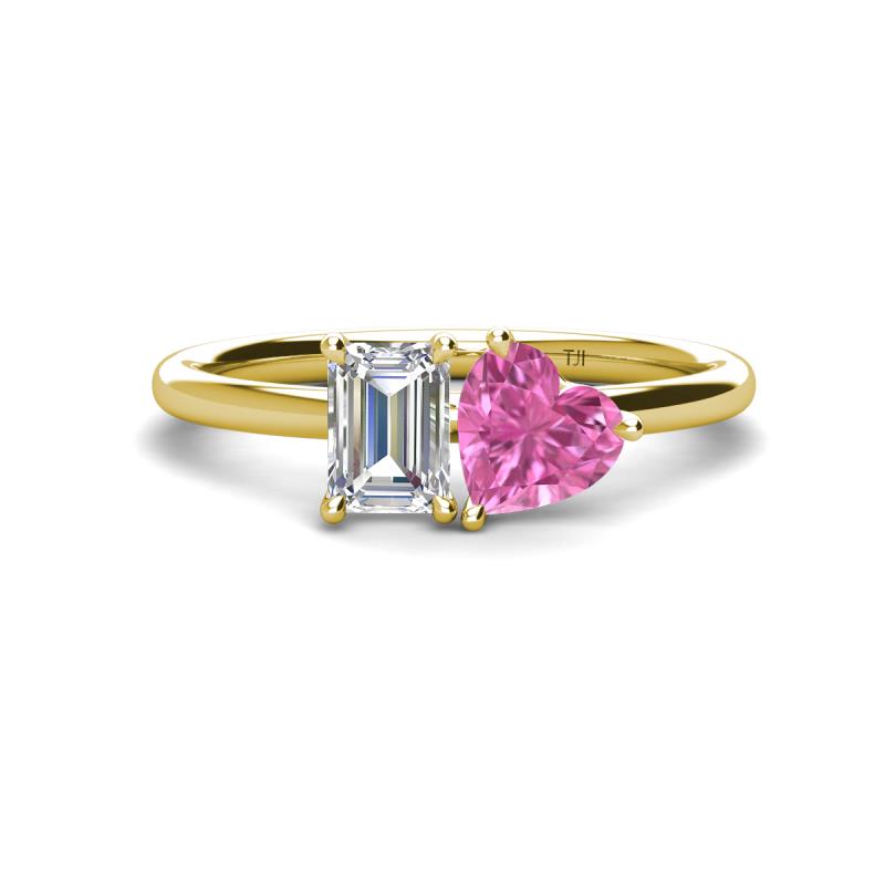 Esther Emerald Shape Forever Brilliant Moissanite & Heart Shape Lab Created Pink Sapphire 2 Stone Duo Ring 