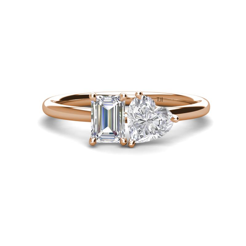 Esther Emerald Shape Forever Brilliant Moissanite & Heart Shape Lab Created White Sapphire 2 Stone Duo Ring 