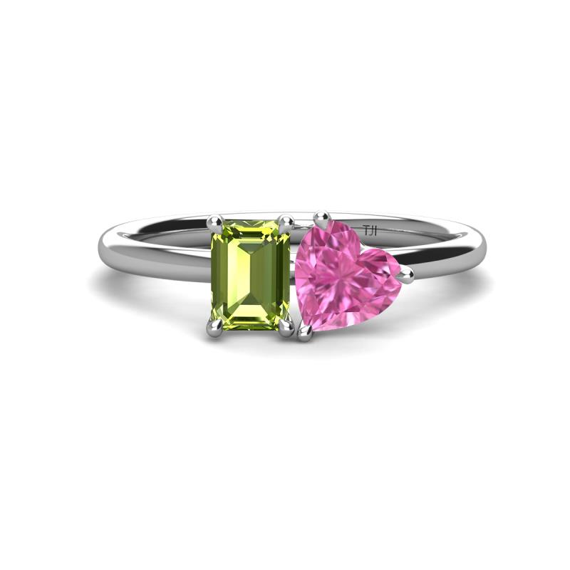 Esther Emerald Shape Peridot & Heart Shape Lab Created Pink Sapphire 2 Stone Duo Ring 