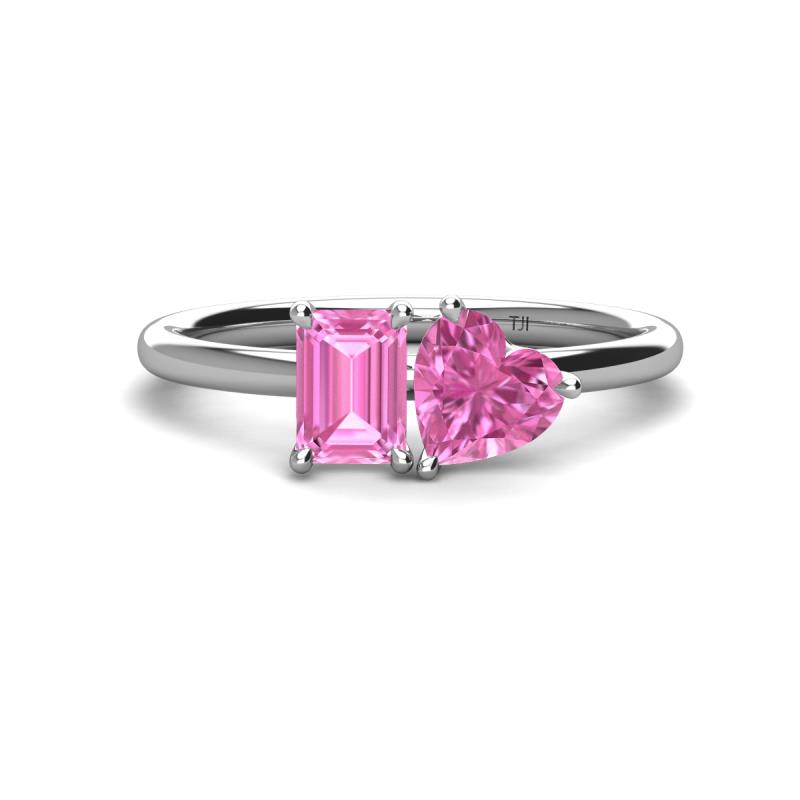 Esther Emerald Shape Pink Sapphire & Heart Shape Lab Created Pink Sapphire 2 Stone Duo Ring 