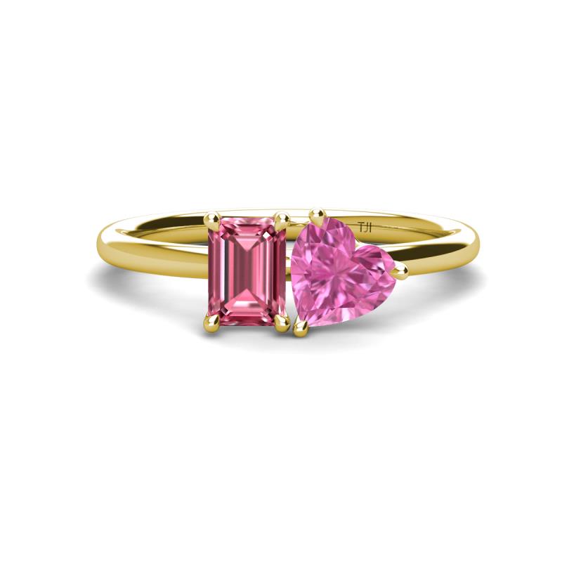 Esther Emerald Shape Pink Tourmaline & Heart Shape Lab Created Pink Sapphire 2 Stone Duo Ring 