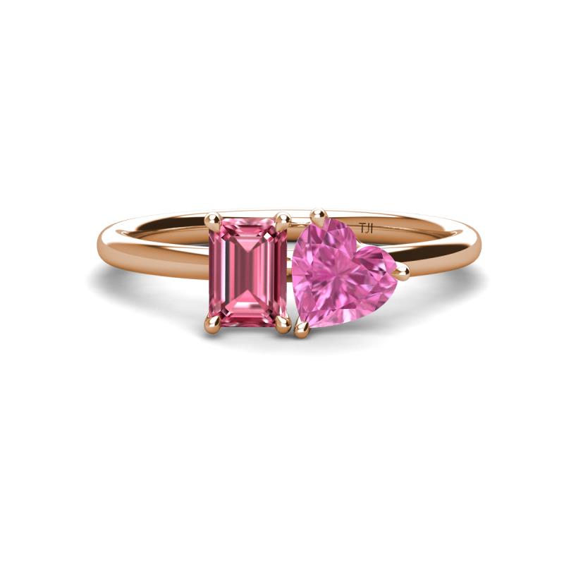 Esther Emerald Shape Pink Tourmaline & Heart Shape Lab Created Pink Sapphire 2 Stone Duo Ring 