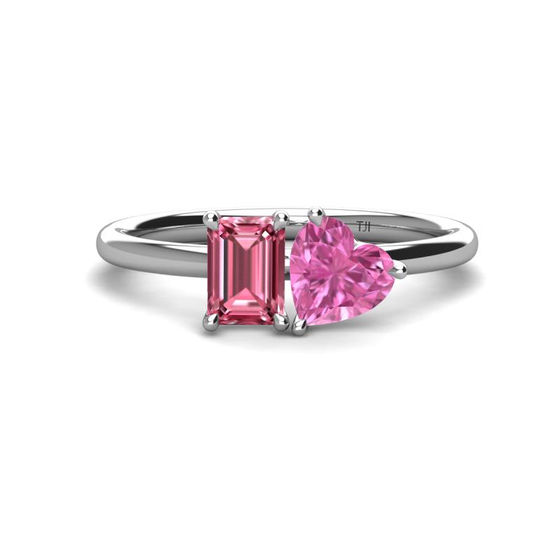 Esther Emerald Shape Pink Tourmaline & Heart Shape Lab Created Pink Sapphire 2 Stone Duo Ring 