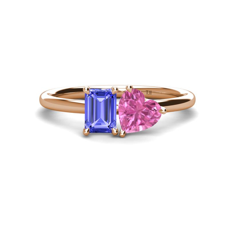 Esther Emerald Shape Tanzanite & Heart Shape Lab Created Pink Sapphire 2 Stone Duo Ring 