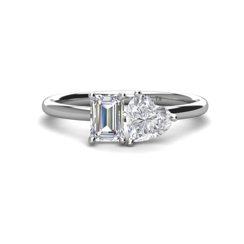 Esther GIA Certified Emerald Shape Diamond & Heart Shape Lab Created White Sapphire 2 Stone Duo Ring 