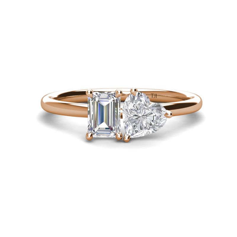 Esther GIA Certified Emerald Shape Diamond & Heart Shape Lab Created White Sapphire 2 Stone Duo Ring 