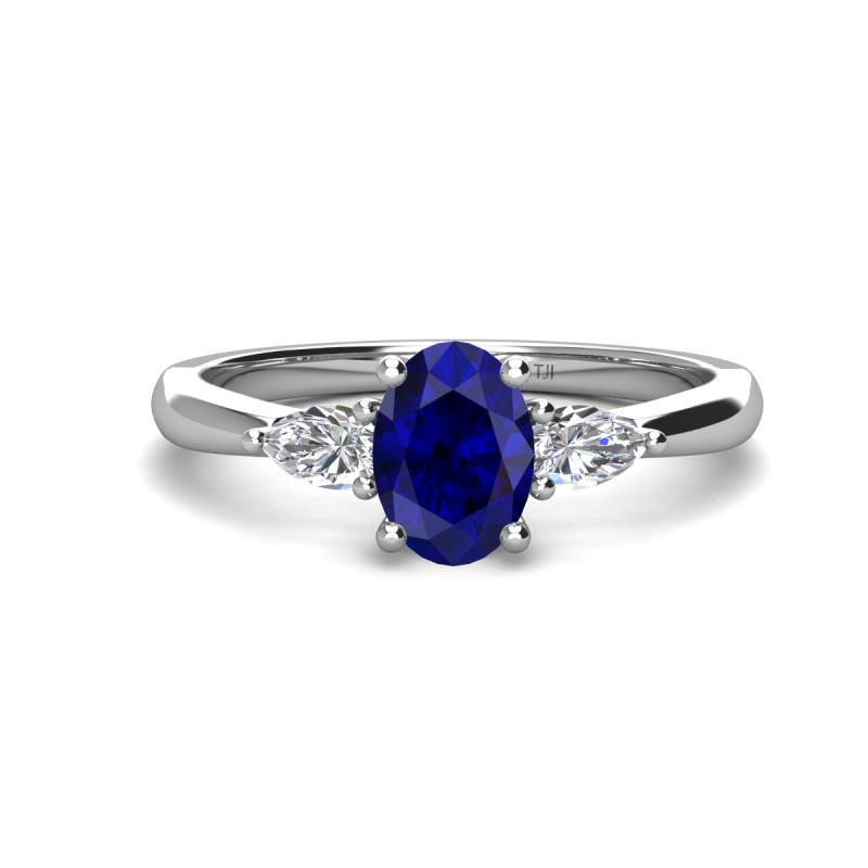 Honora 9x7 mm Oval Shape Lab Created Blue Sapphire and Pear Shape Diamond Three Stone Engagement Ring 
