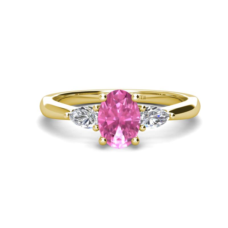 Honora 9x7 mm Oval Shape Lab Created Pink Sapphire and Pear Shape Diamond Three Stone Engagement Ring 