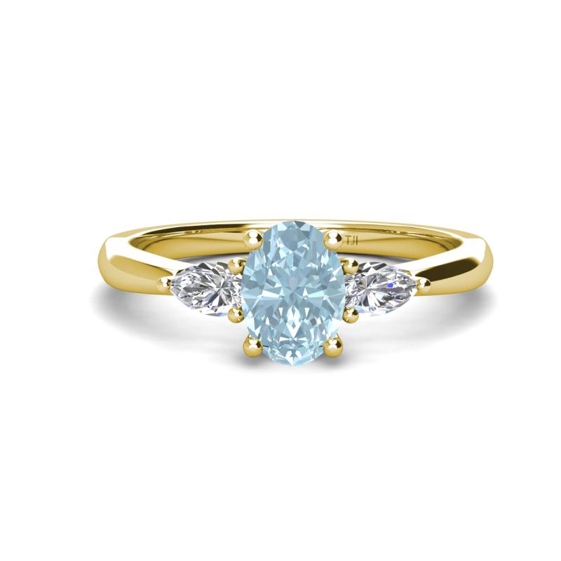 Honora 9x7 mm Oval Shape Aquamarine and Pear Shape Diamond Three Stone Engagement Ring 