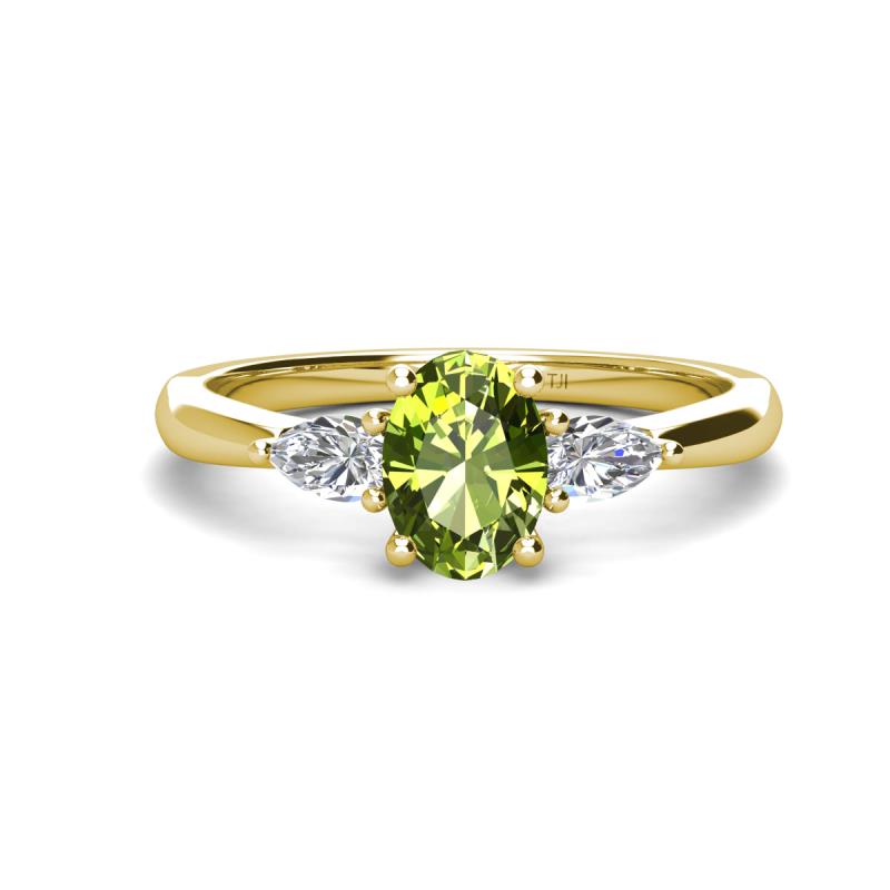 Honora 9x7 mm Oval Shape Peridot and Pear Shape Diamond Three Stone Engagement Ring 