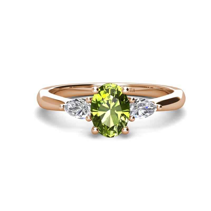 Honora 9x7 mm Oval Shape Peridot and Pear Shape Diamond Three Stone Engagement Ring 