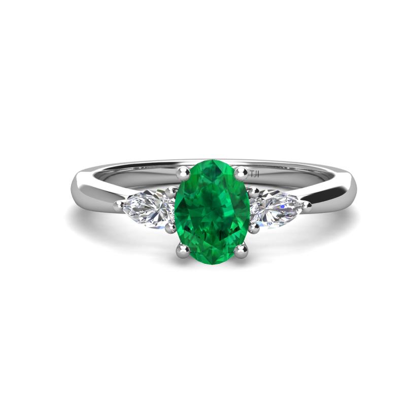 Honora 9x7 mm Oval Shape Lab Created Emerald and Pear Shape Diamond Three Stone Engagement Ring 