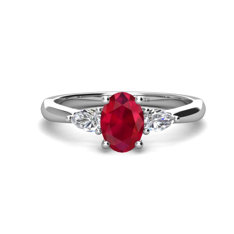 Honora 9x7 mm Oval Shape Lab Created Ruby and Pear Shape Diamond Three Stone Engagement Ring 