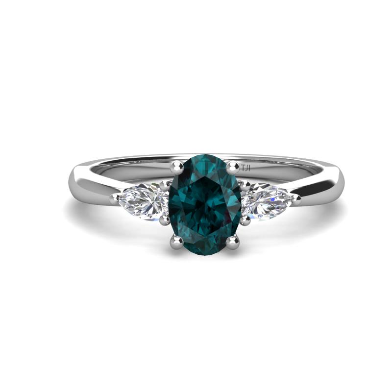 Honora 9x7 mm Oval Shape London Blue Topaz and Pear Shape Diamond Three Stone Engagement Ring 
