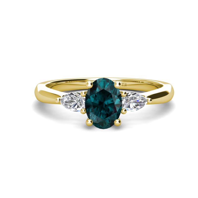 Honora 9x7 mm Oval Shape London Blue Topaz and Pear Shape Diamond Three Stone Engagement Ring 