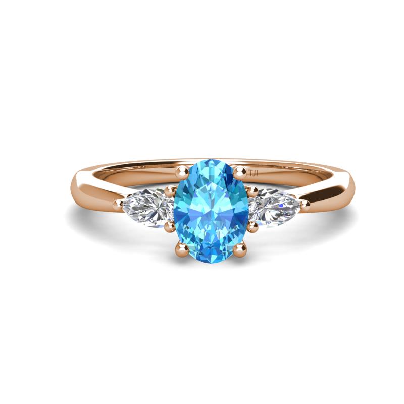 Honora 9x7 mm Oval Shape Blue Topaz and Pear Shape Diamond Three Stone Engagement Ring 