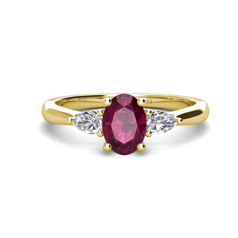 Honora 9x7 mm Oval Shape Rhodolite Garnet and Pear Shape Diamond Three Stone Engagement Ring 