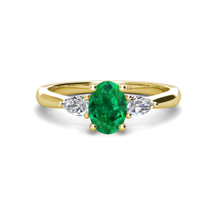 Honora 9x7 mm Oval Shape Lab Created Emerald and Pear Shape Diamond Three Stone Engagement Ring 