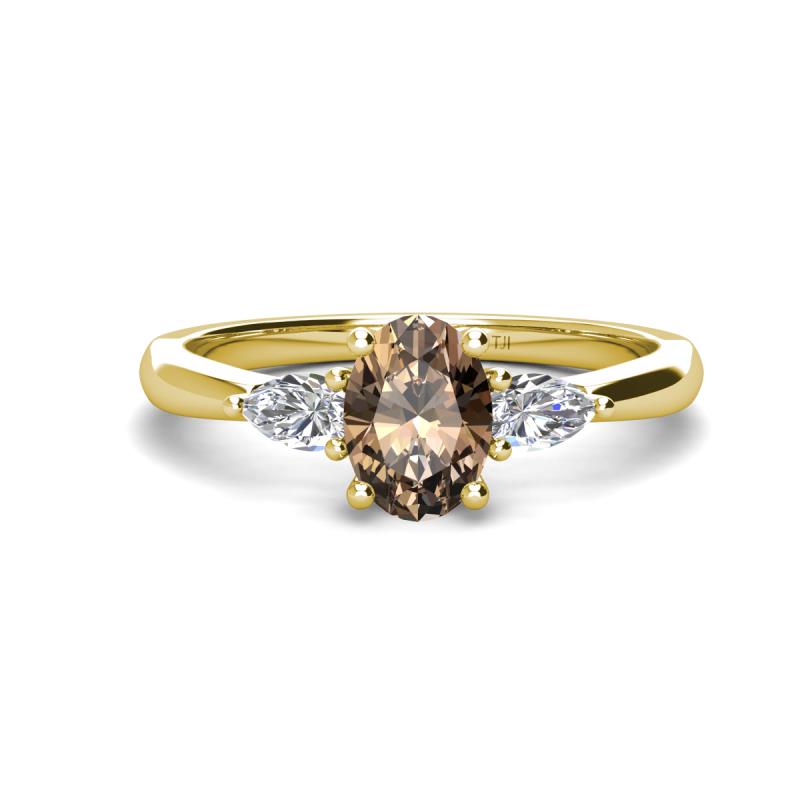 Honora 9x7 mm Oval Shape Smoky Quartz and Pear Shape Diamond Three Stone Engagement Ring 