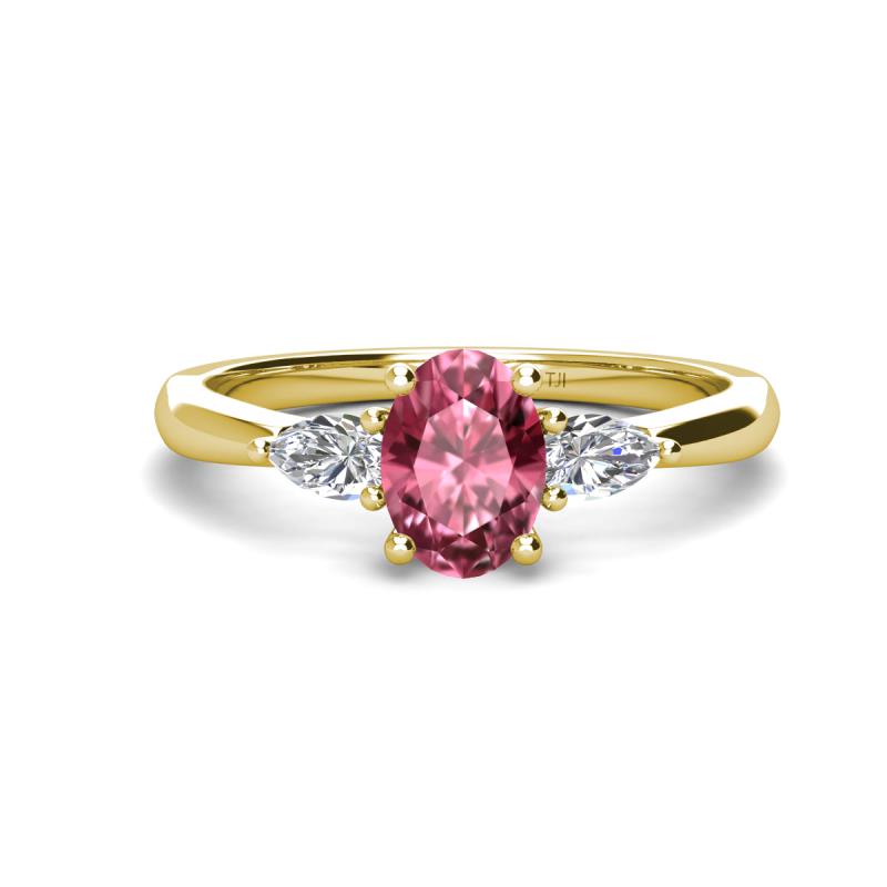 Honora 9x7 mm Oval Shape Pink Tourmaline and Pear Shape Diamond Three Stone Engagement Ring 