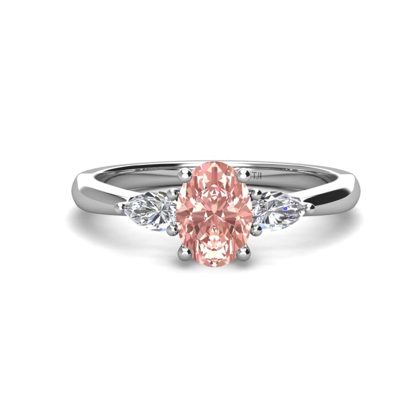 Honora 9x7 mm Oval Shape Morganite and Pear Shape Diamond Three Stone Engagement Ring 