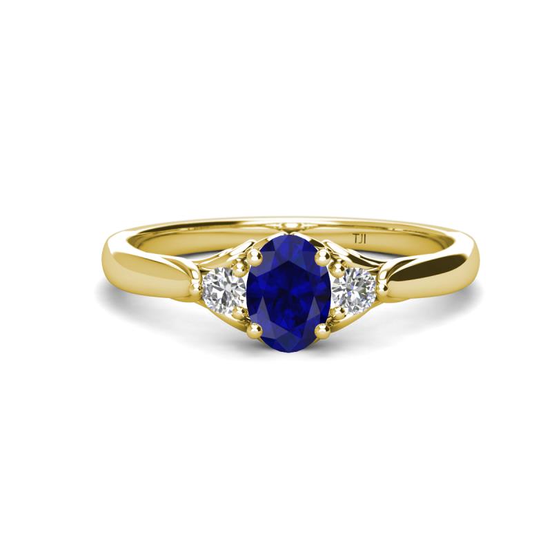 Gianna 7x5 mm Oval Shape Blue Sapphire and Round Diamond Three Stone Engagement Ring 