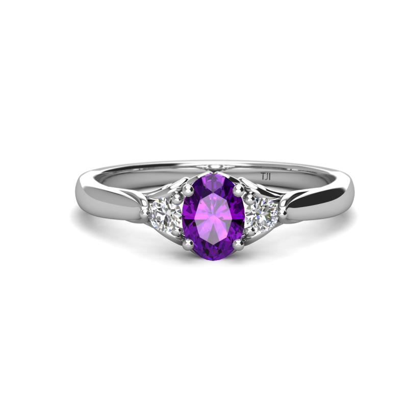 Gianna 7x5 mm Oval Shape Amethyst and Round Diamond Three Stone Engagement Ring 