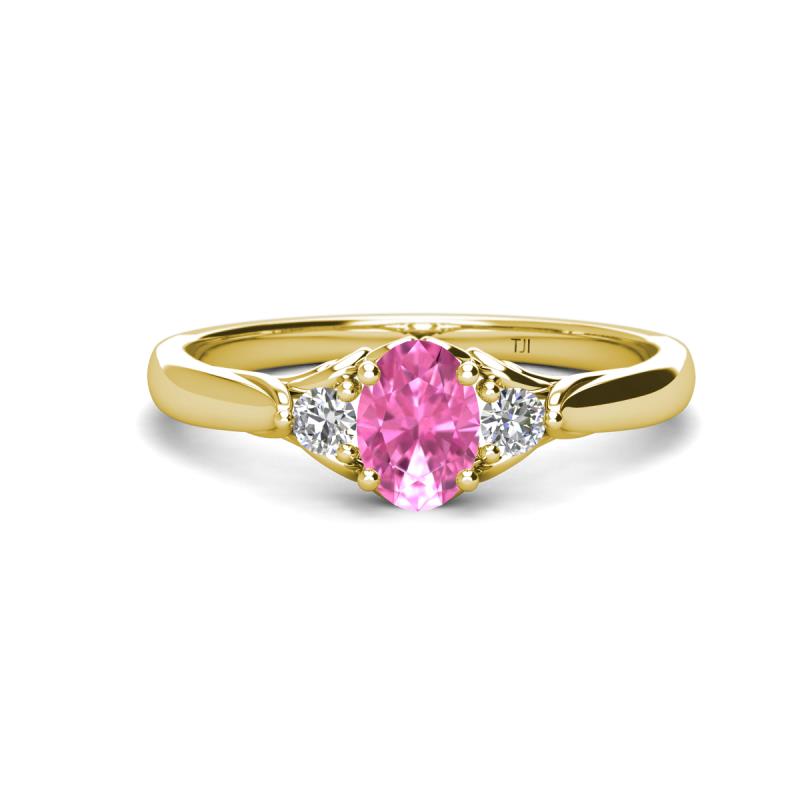 Gianna 7x5 mm Oval Shape Pink Sapphire and Round Diamond Three Stone Engagement Ring 