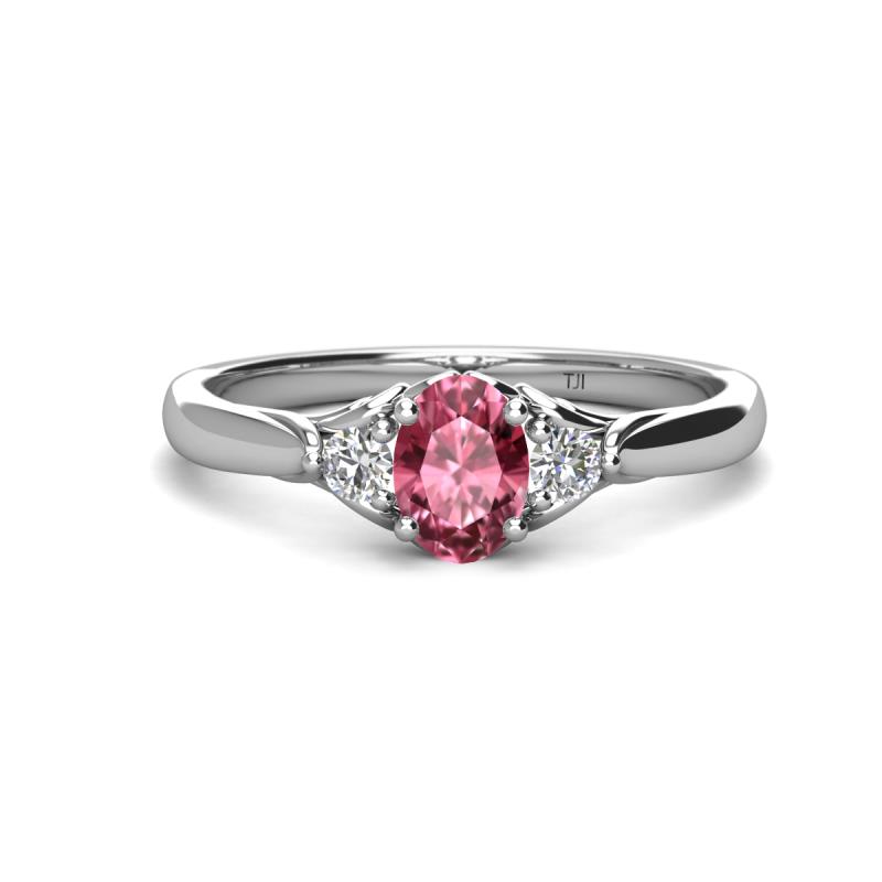Gianna 7x5 mm Oval Shape Pink Tourmaline and Round Diamond Three Stone Engagement Ring 