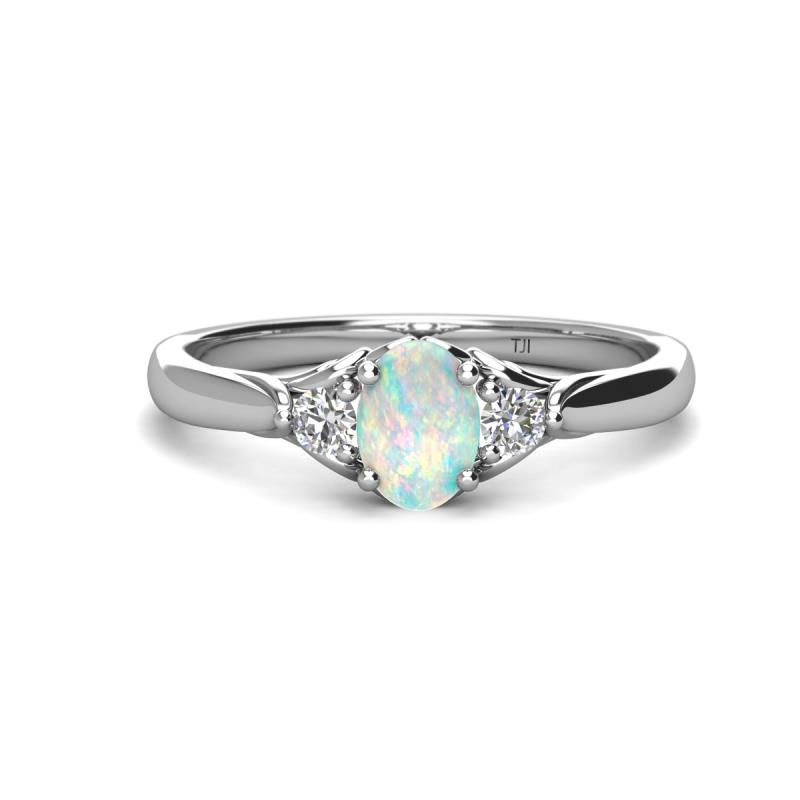 Gianna 7x5 mm Oval Shape Opal and Round Diamond Three Stone Engagement Ring 