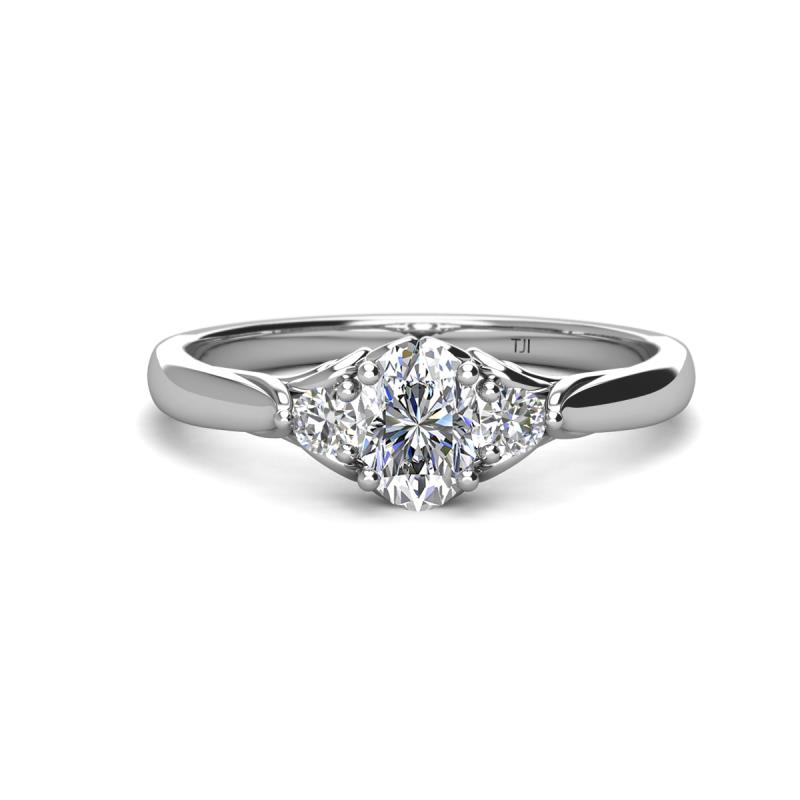 Gianna IGI Certified 7x5 mm Oval Shape Lab Grown Diamond and Round Natural Diamond Three Stone Engagement Ring 