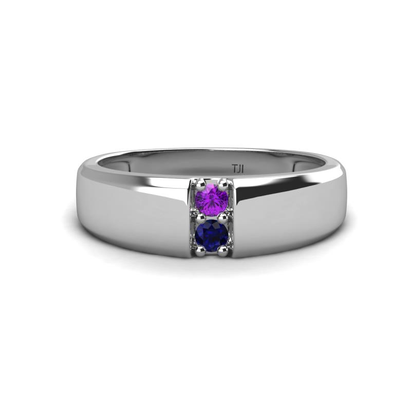 Ethan 3.00 mm Round Amethyst and Blue Sapphire 2 Stone Men Wedding Ring 