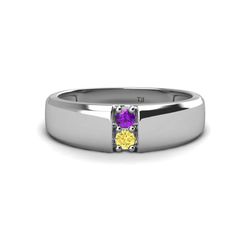 Ethan 3.00 mm Round Amethyst and Yellow Sapphire 2 Stone Men Wedding Ring 