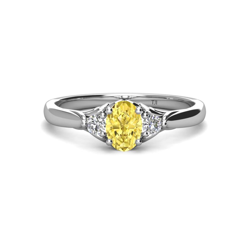 Gianna 7x5 mm Oval Shape Yellow Sapphire and Round Lab Grown Diamond Three Stone Engagement Ring 