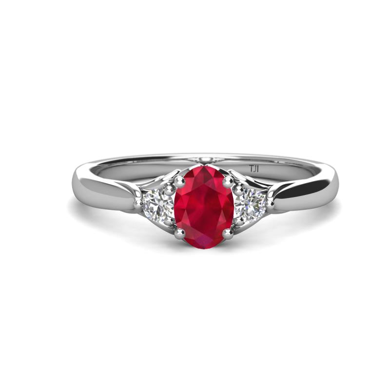 Gianna 7x5 mm Oval Shape Ruby and Round Lab Grown Diamond Three Stone Engagement Ring 