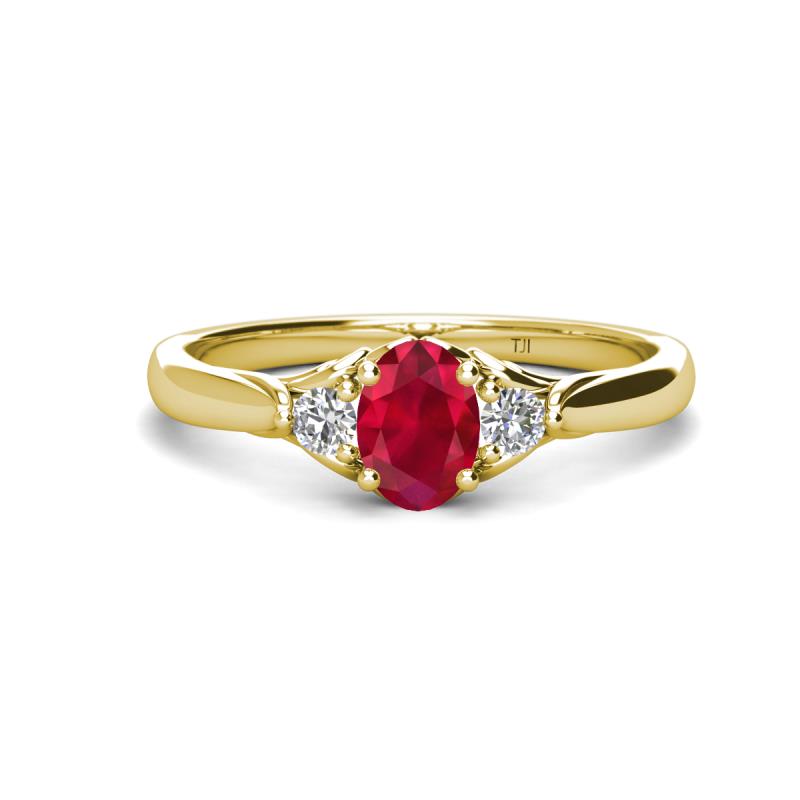 Gianna 7x5 mm Oval Shape Ruby and Round Lab Grown Diamond Three Stone Engagement Ring 