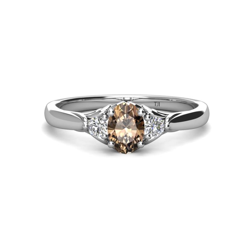 Gianna 7x5 mm Oval Shape Smoky Quartz and Round Lab Grown Diamond Three Stone Engagement Ring 