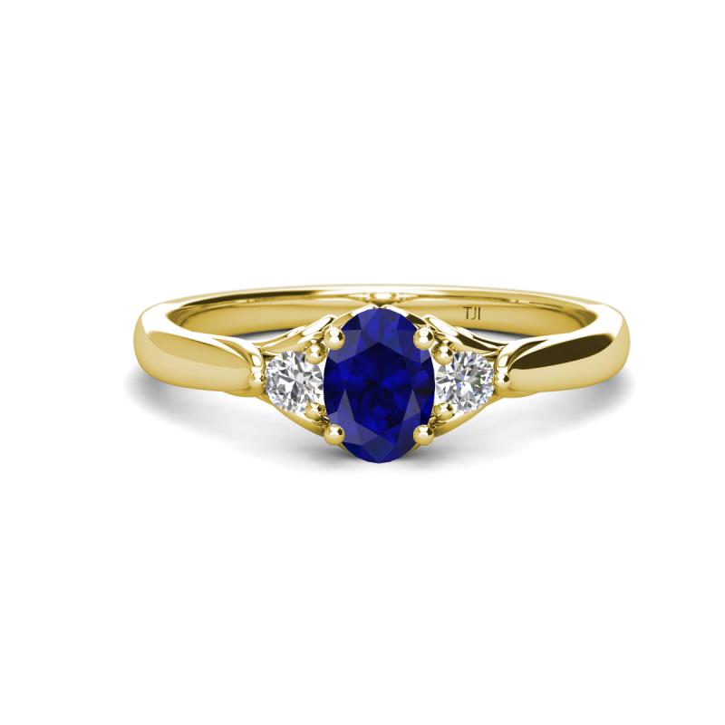 Gianna 7x5 mm Oval Shape Blue Sapphire and Round Lab Grown Diamond Three Stone Engagement Ring 