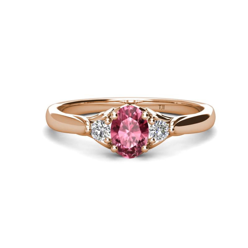 Gianna 7x5 mm Oval Shape Pink Tourmaline and Round Lab Grown Diamond Three Stone Engagement Ring 