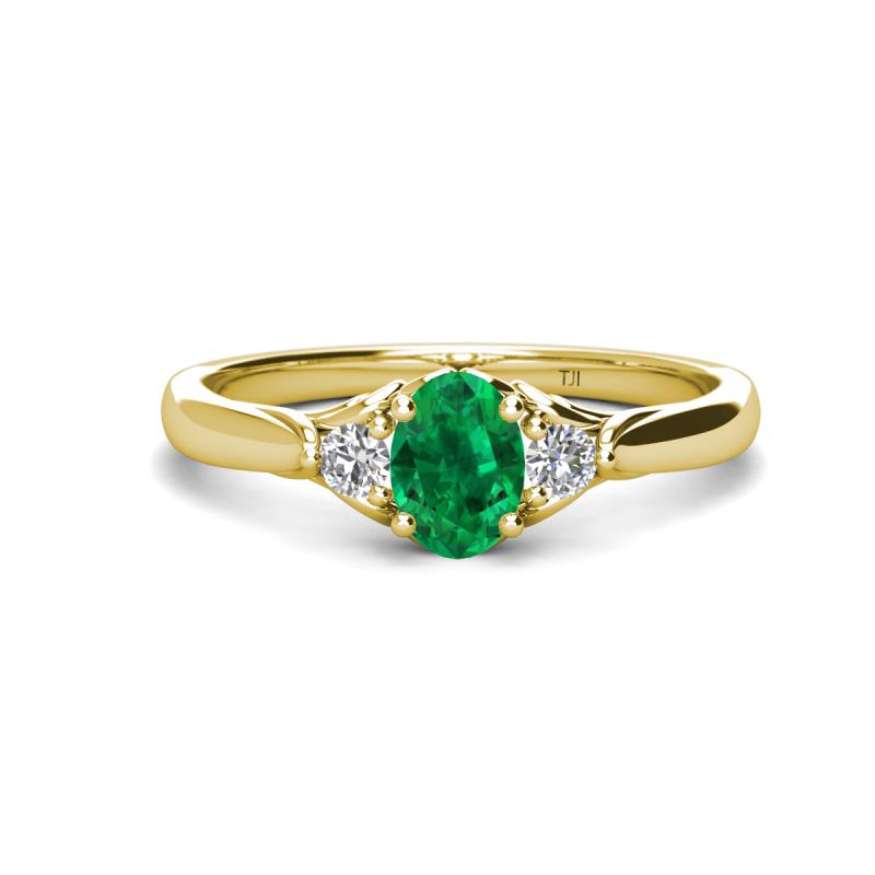 Gianna 7x5 mm Oval Shape Emerald and Round Lab Grown Diamond Three Stone Engagement Ring 