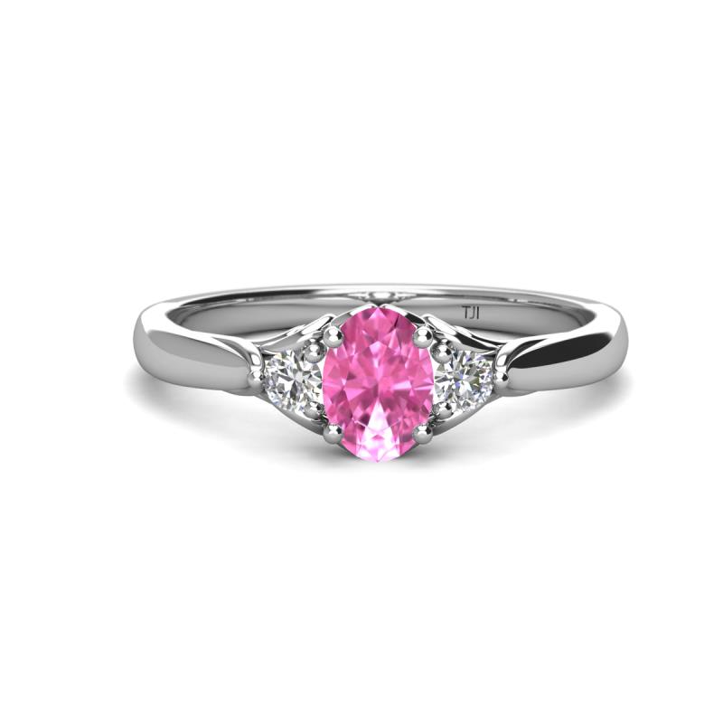 Gianna 7x5 mm Oval Shape Pink Sapphire and Round Lab Grown Diamond Three Stone Engagement Ring 