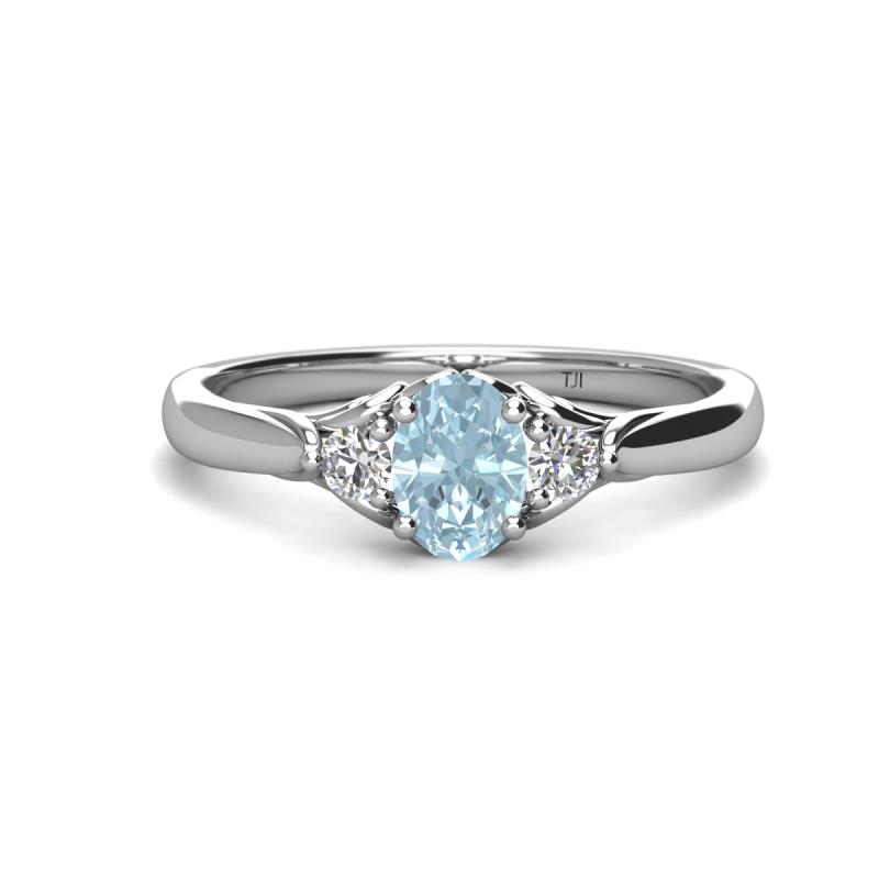Gianna 7x5 mm Oval Shape Aquamarine and Round Lab Grown Diamond Three Stone Engagement Ring 