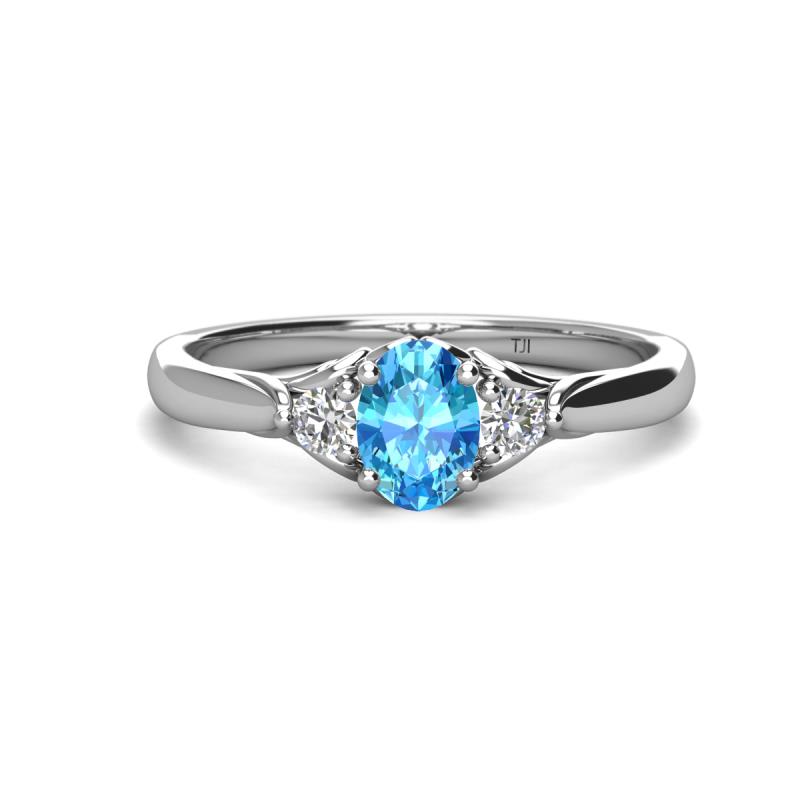 Gianna 7x5 mm Oval Shape Blue Topaz and Round Lab Grown Diamond Three Stone Engagement Ring 
